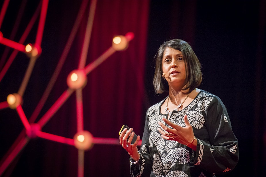 caption: Journalist Sonia Shah at her 2013 TED talk in Edinburgh, Scotland.