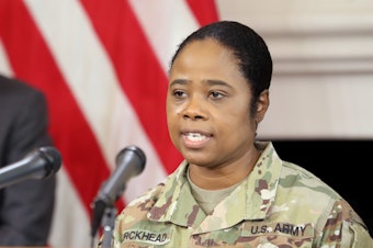 caption: Brig. Gen. Janeen Birckhead serves as Maryland's 31st adjutant general — making her the only Black woman who leads a state military in the U.S. Above, Birckhead outlines plans to improve equity in the distribution of COVID-19 vaccines during a news conference in Annapolis, Md., in March 2021.