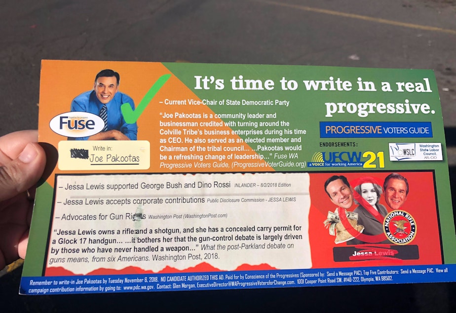 caption: Mailers like this one urging a write-in vote for a "real progressive" candidate were sent to voters in four hotly contested Washington state legislative races.