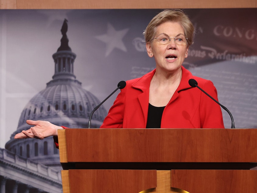 caption: Sen. Elizabeth Warren holds a news conference in March. She and Sen. Bernie Sanders are leading the push to introduce a bill Tuesday that would make pandemic-related food benefits for college students permanent, and create grants for colleges to address hunger.