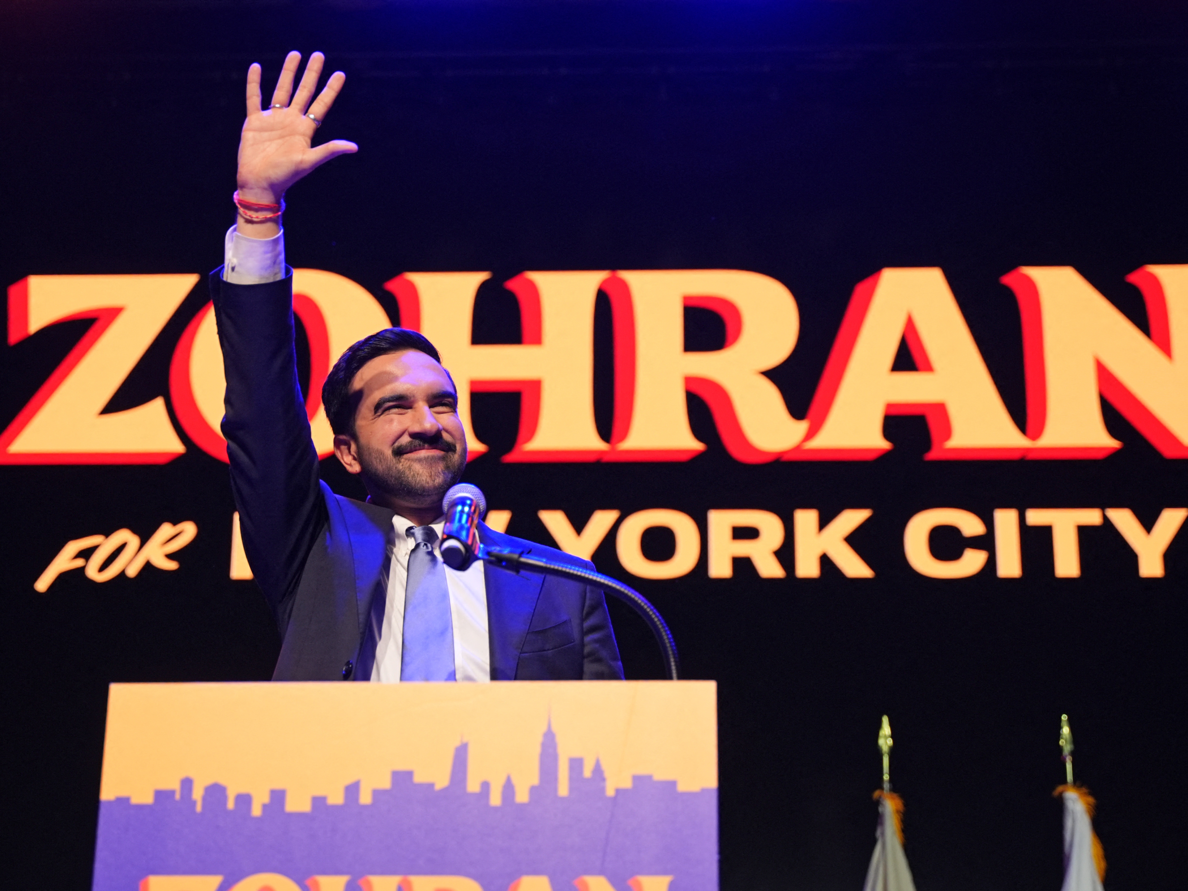 caption: Zohran Mamdani celebrates during an election night event at the Brooklyn Paramount Theater in Brooklyn, New York, on Nov. 4, as New Yorkers elected him their next mayor.