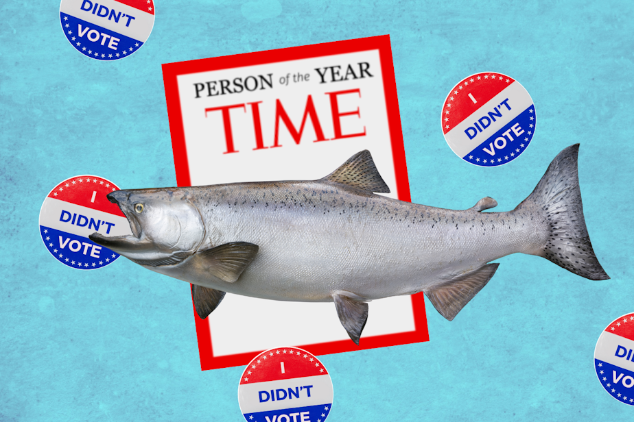 caption: Collage of a fish, a magazine, and a voting sticker against a blue backdrop. Photos courtesy of Istock and Canva.