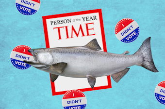 caption: Collage of a fish, a magazine, and a voting sticker against a blue backdrop. Photos courtesy of Istock and Canva.