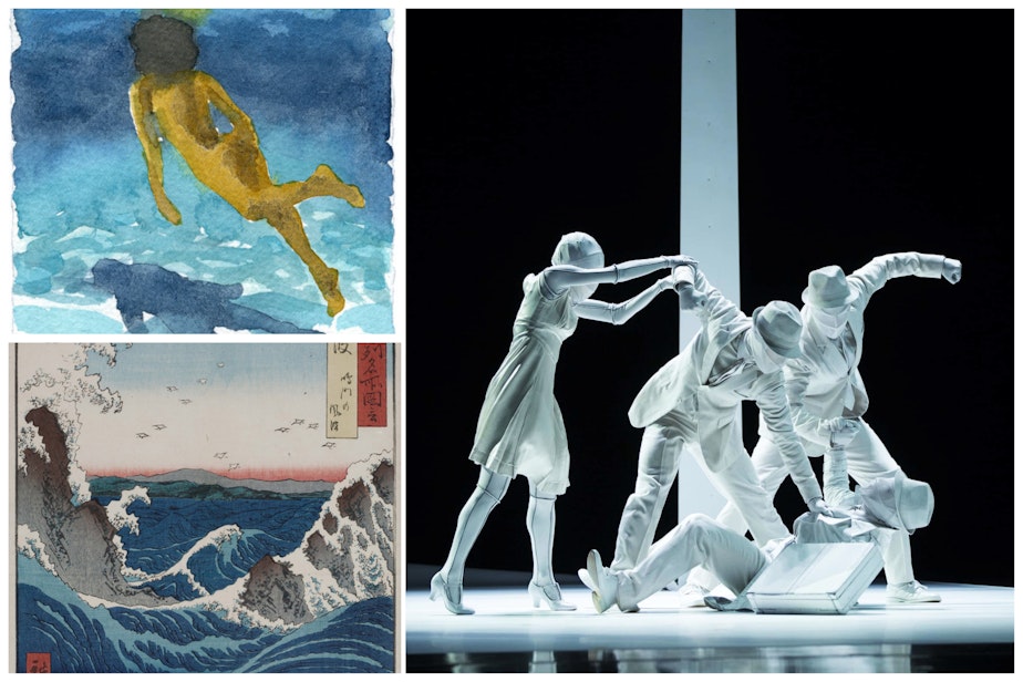 caption: Clockwise from upper left: Mirage 24, by Adrienne Elise Tarver; a moment from Crystal Pite’s Plot Points; and Awa Province, Naruto Whirlpools, 1855, by Utagawa Hiroshige