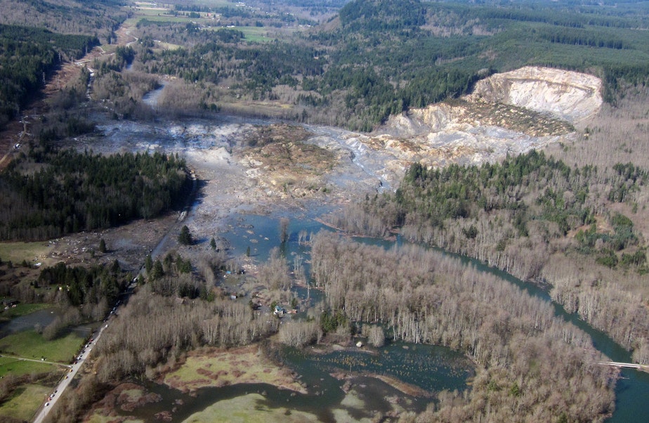 caption: The aftermath of the fatal landslide in Oso, Washington, in 2014