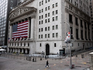 caption: The New York Stock Exchange is pictured on Monday. Stock indexes have been falling as oil prices crashed below zero.