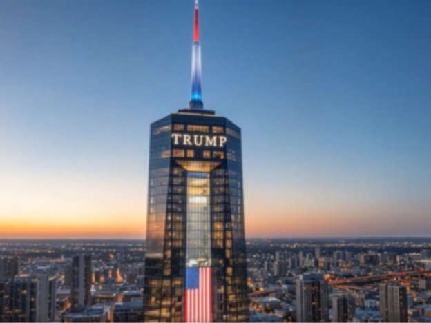 caption: Renderings shared by President Trump depict a skyscraper bearing his name overlooking the Miami skyline.