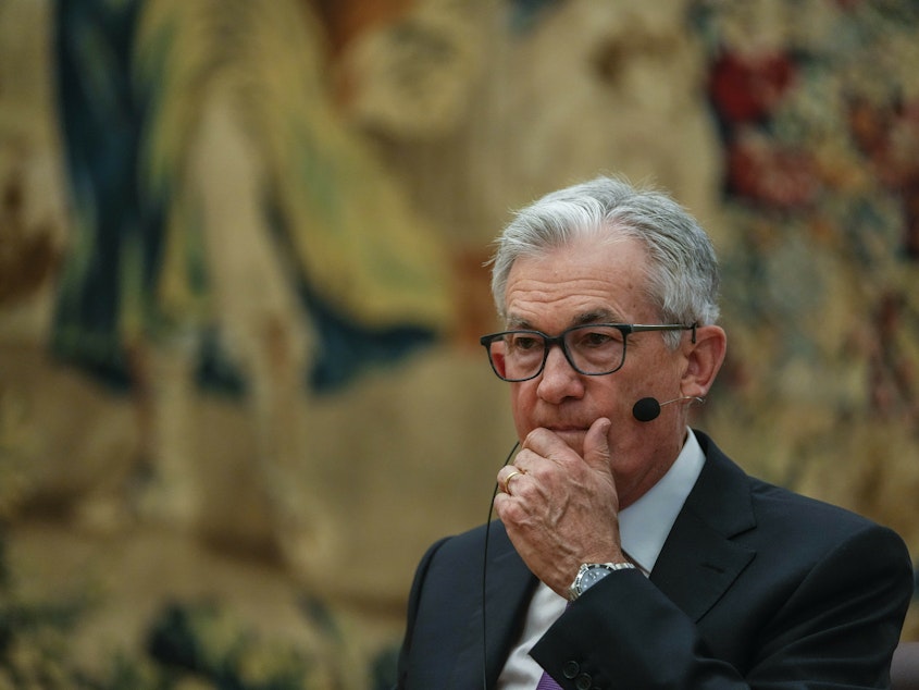 caption: Federal Reserve Chairman Jerome Powell attends a meeting at the Spain's Central Bank in Madrid, Spain, Thursday, June 29, 2023.  In the U.S., Powell and the central bank are trying to navigate a "soft landing" for the economy.