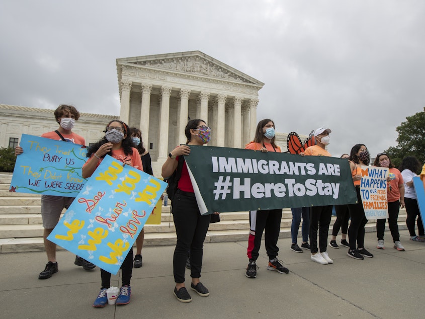 caption: Deferred Action for Childhood Arrivals students celebrate on June 18 at the Supreme Court after the justices rejected President Trump's effort to end legal protections for young immigrants.