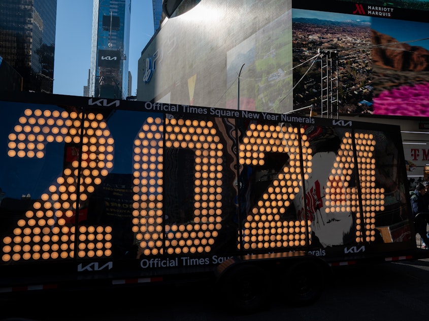 caption: The numeral 2024 in Times Square in New York City on Dec. 20. 2023, after traveling across the country, beginning in Los Angeles.