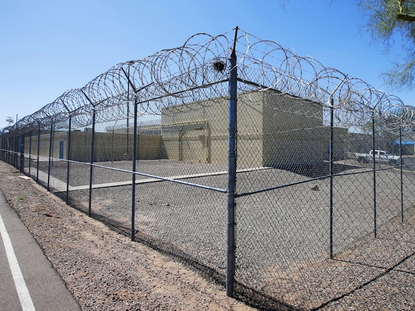 caption: The grounds of the Maricopa County Estrella Jail in Phoenix, Ariz., on March 21, 2020. Some sheriffs want Arizona to follow the lead of other states and release low risk county jail inmates early — to prevent the spread of COVID-19.
