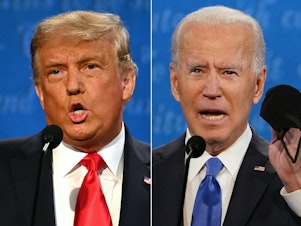 caption: President Biden is rated highly in a survey of historians on presidential greatness — but he's in a tight election race with former President Donald Trump, who is ranked last.