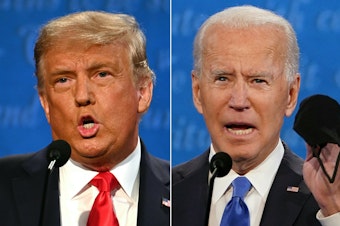 caption: President Biden is rated highly in a survey of historians on presidential greatness — but he's in a tight election race with former President Donald Trump, who is ranked last.