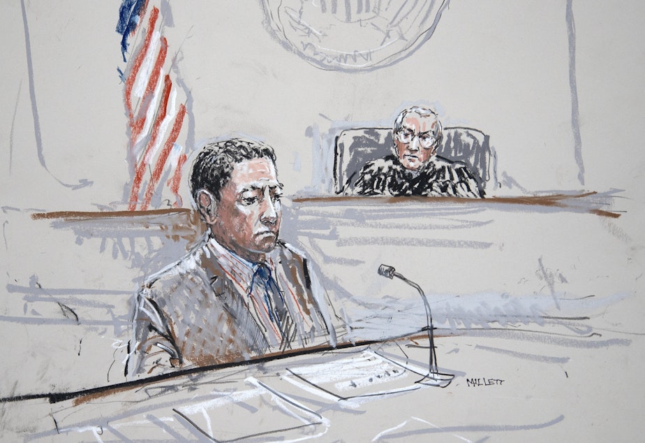 caption: Raphael Sanchez is seen in U.S. District Court in Seattle in this artist's sketch.