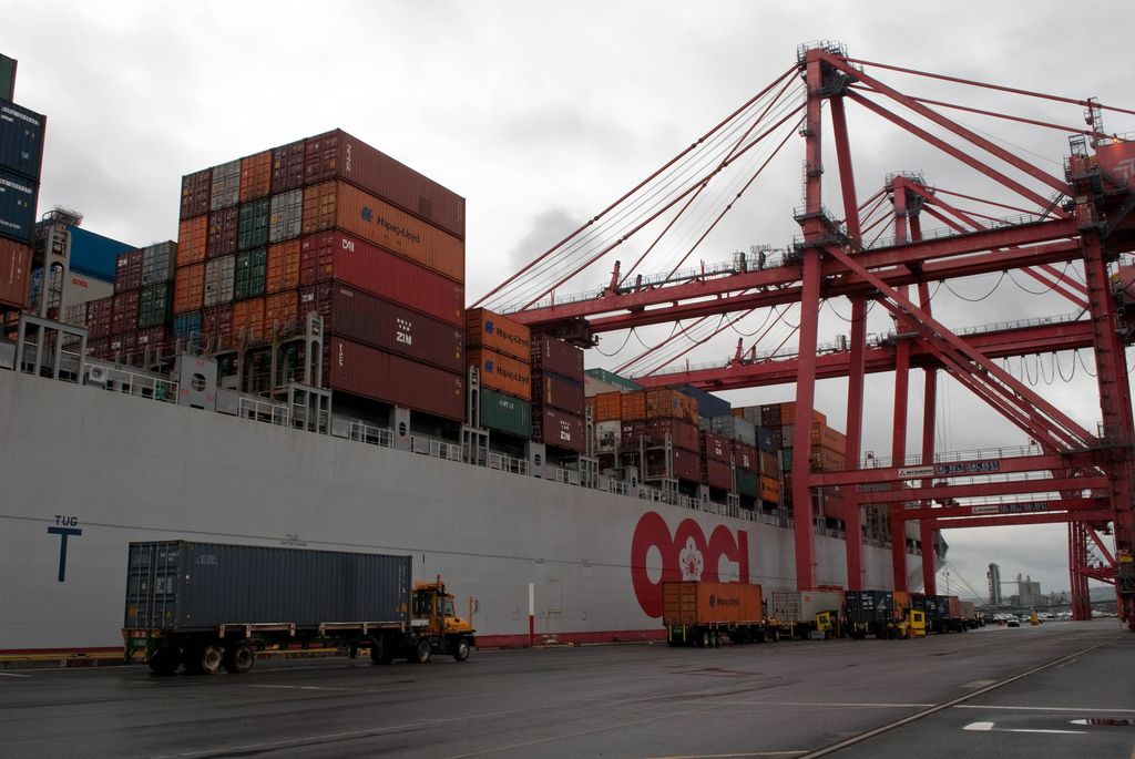 caption: A container ship at the Port of Seattle. 