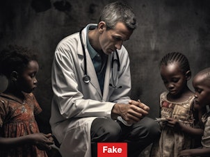 caption: A researcher typed sentences like "Black African doctors providing care for white suffering children" into an artificial intelligence program designed to generate photo-like images. The goal was to flip the stereotype of the "white savior" aiding African children. Despite the specifications, the AI program always depicted the children as Black. And in 22 of over 350 images, the doctors were white.