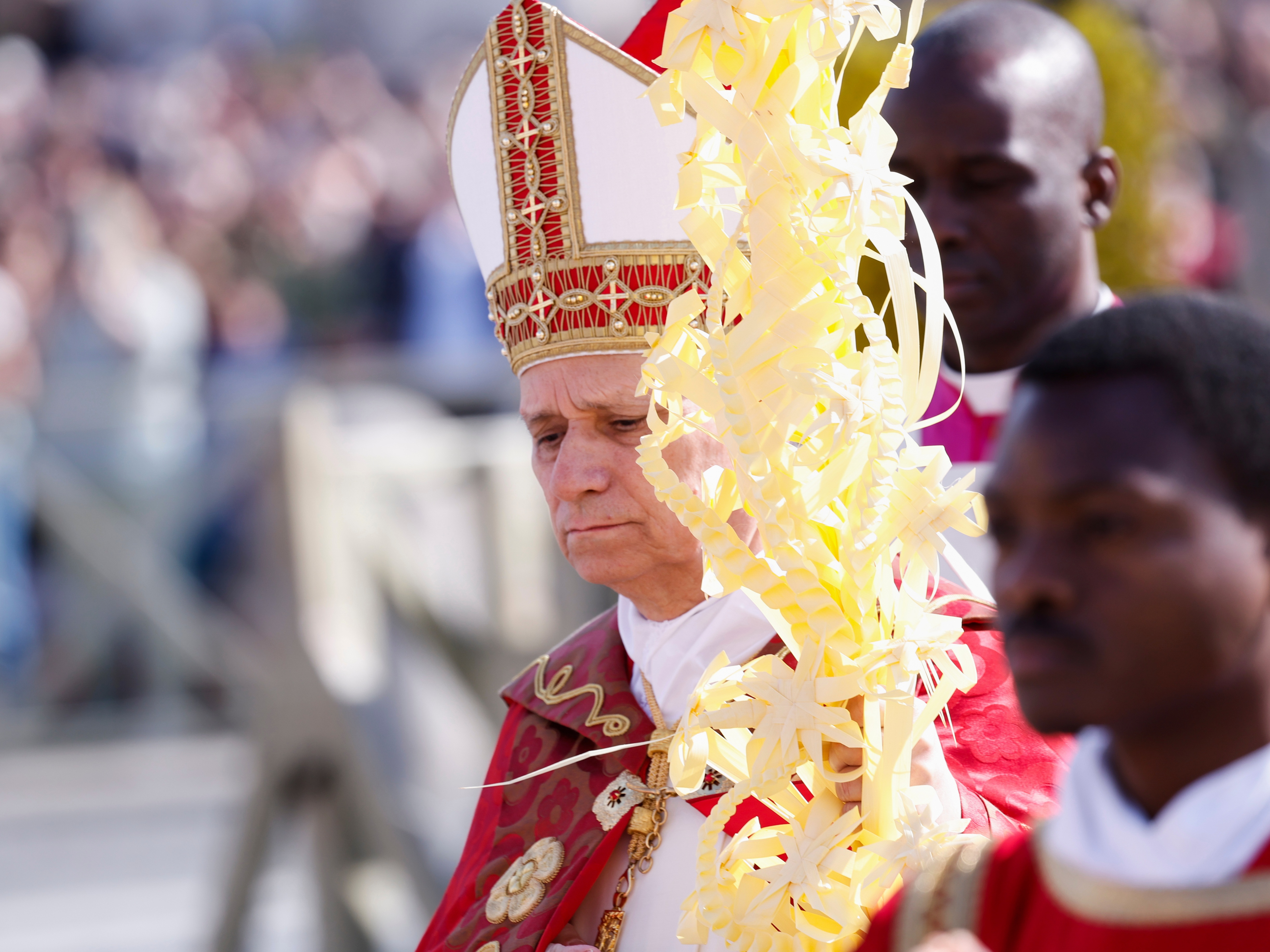 caption: Pope Leo XIV presides over Palm Sunday Mass in St. Peter's Square at the Vatican, Sunday, March 29, 2026.