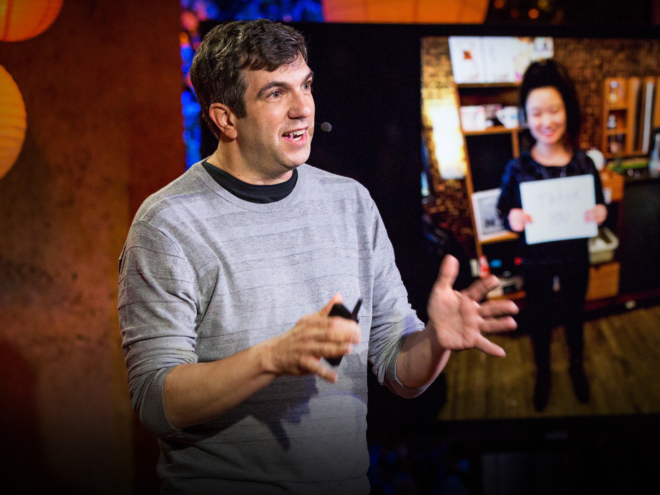 caption: A.J. Jacobs speaks at TEDNYC Intersections in 2018.