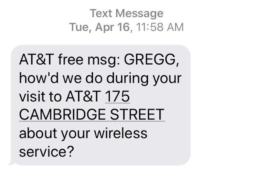 caption: After regaining control of his number, Gregg Bennett says he received this automatic text message from the AT&T store in Boston that he believes was used by the SIM-swappers.