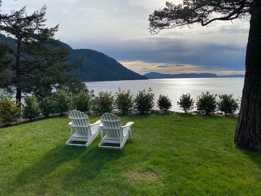 caption: Adirondack chairs look out over Cascade Bay at Rosario Resort and Spa on Orcas Island, Washington.