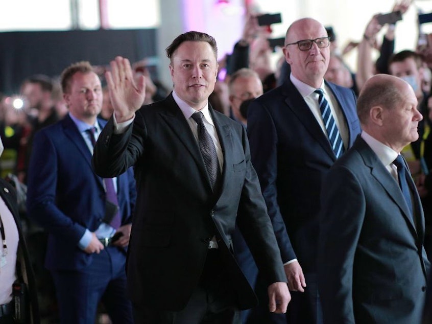 caption: After a report alleged SpaceX paid a flight attendant to settle a sexual misconduct case against Elon Musk, the tech billionaire called it a politically motivated attack. Musk is seen here in March, at a new Tesla factory in Germany.