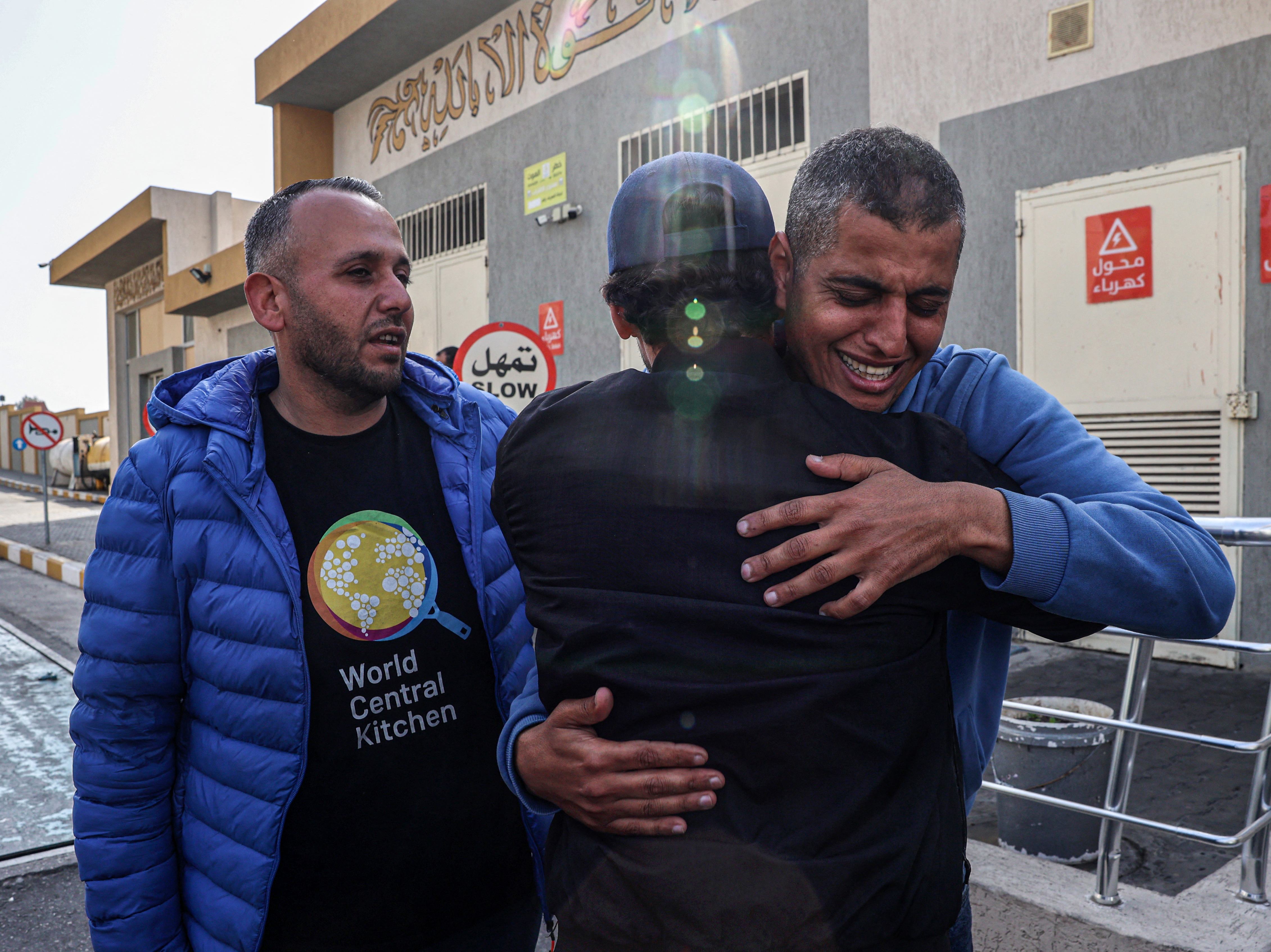 caption: Relatives and friends mourn the death of Saifeddin Issam Ayad Abutaha, a member of the U.S.-based aid group World Central Kitchen who was killed as Israeli strikes hit its convoy delivering food in Gaza, during his funeral in Rafah, in the southern Gaza Strip, on Tuesday.