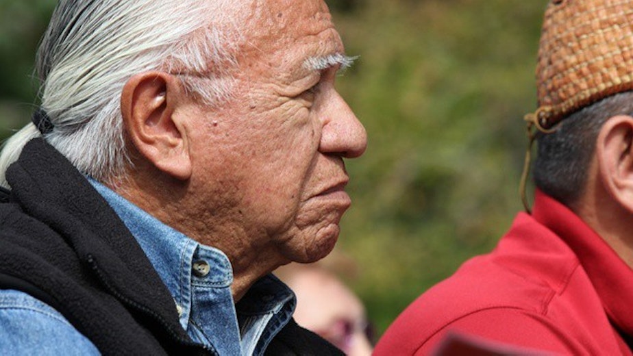 caption: Billy Frank Jr. known for his decades of defending Washington tribes’ treaty rights, fears the rights will be worthless as overfishing, dams and climate change take their toll on the habitats salmon need to survive. August 2012. 
