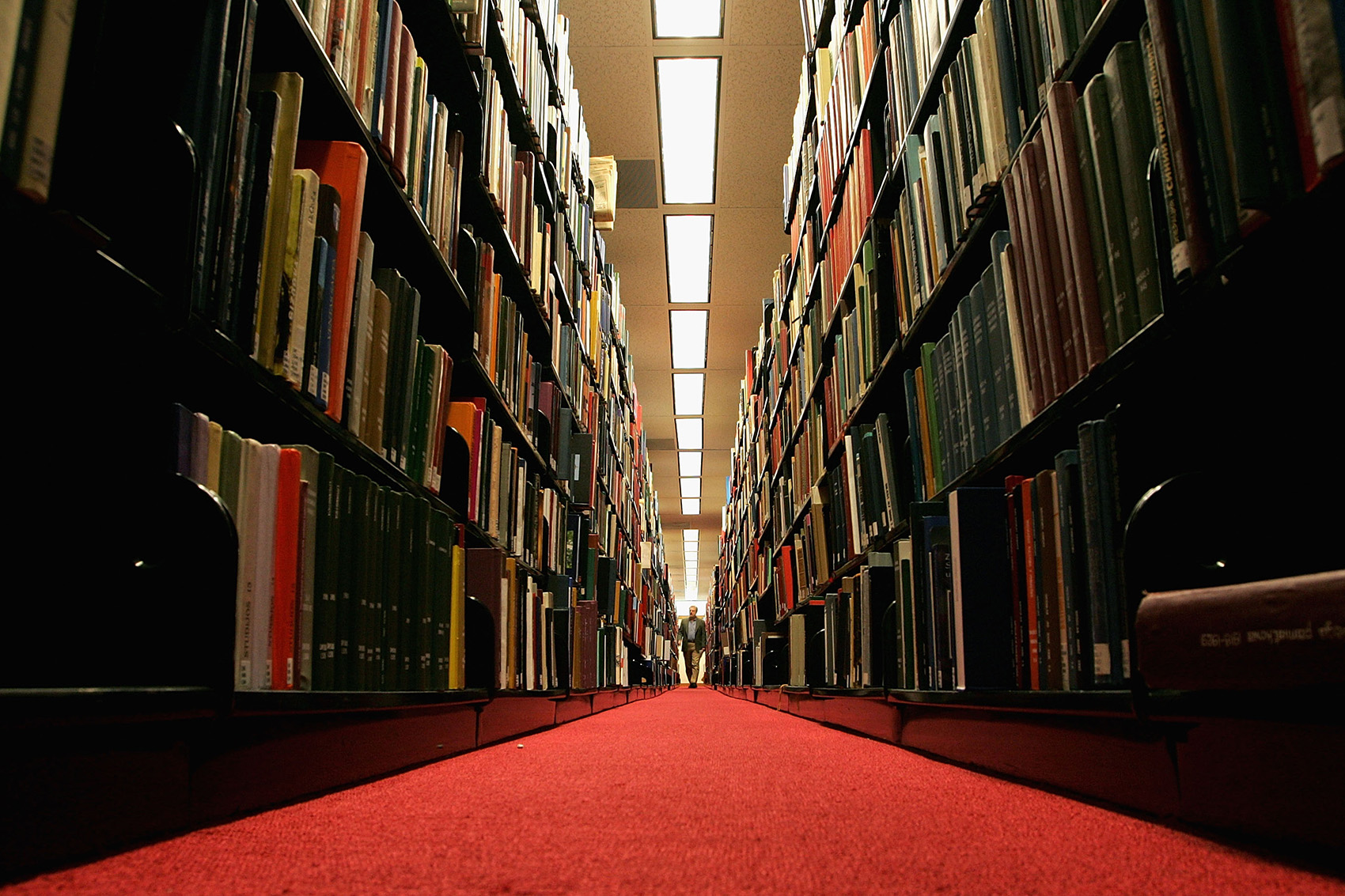 caption: A man browses through books at the Cecil H. Green on the Stanford University Campus December 17, 2004 in Stanford, Calif. (Justin Sullivan/Getty Images)