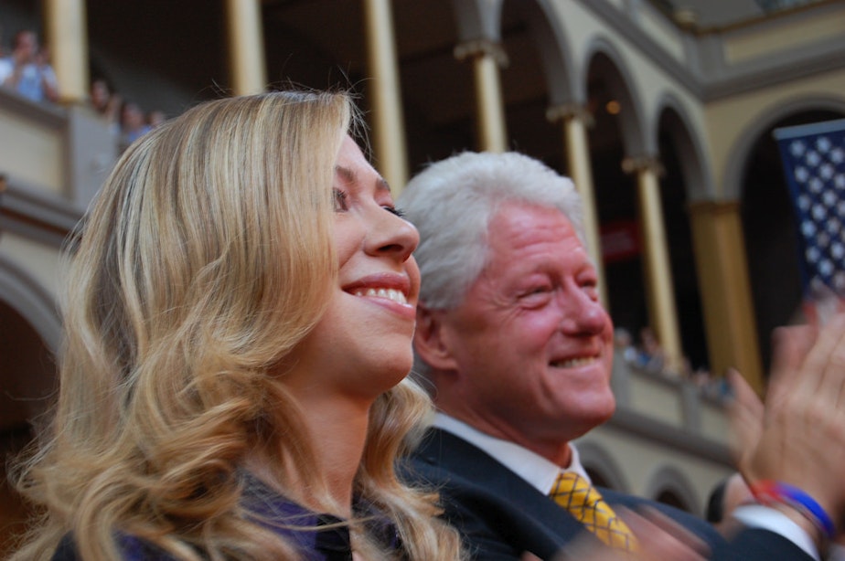 caption: Chelsea and Bill Clinton in 2008.