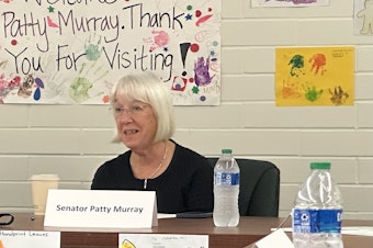 caption: Sen. Patty Murray stopped at Shoreline Community College on Oct. 6 to hear from parents and providers about child care challenges, as federal Covid relief funds expire.