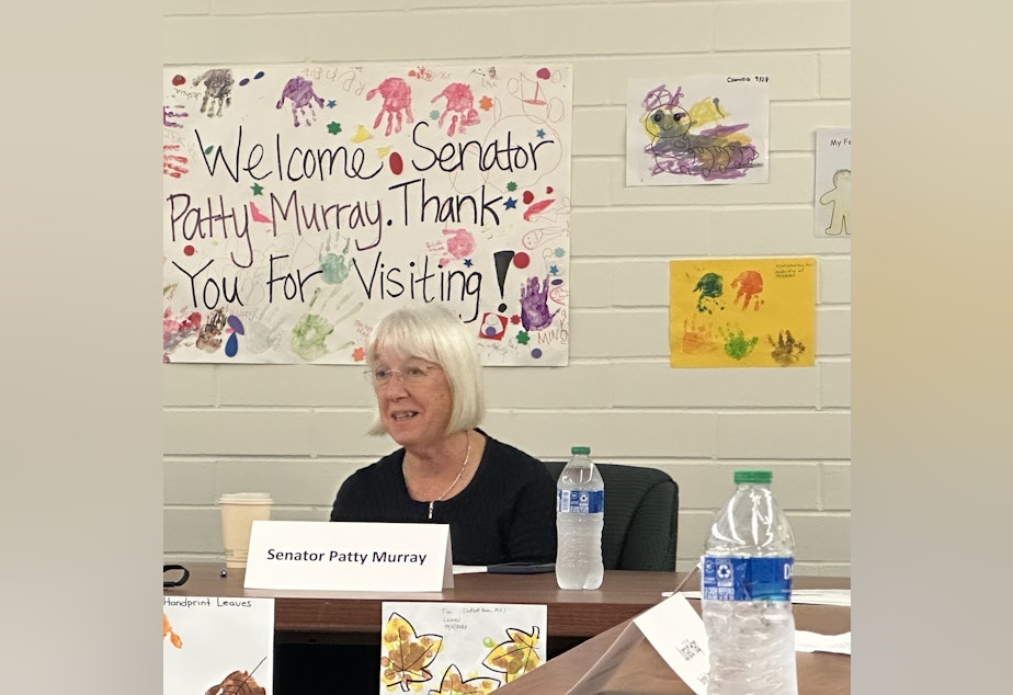 caption: Sen. Patty Murray stopped at Shoreline Community College on Oct. 6 to hear from parents and providers about child care challenges, as federal Covid relief funds expire.