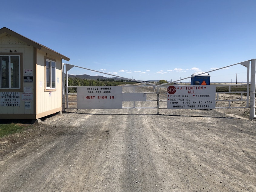caption: A barricade and a guard shack mark the entrance to King Fuji Ranch outside of the farming town of Mattawa, in central Washington. More than 100 foreign workers have been quarantined for the mumps there.  
