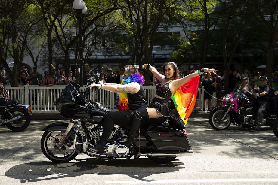 caption: Dykes on Bikes kicked off Seattle’s Pride Parade on Sunday, June 25, 2023, at Westlake Park in Seattle. 