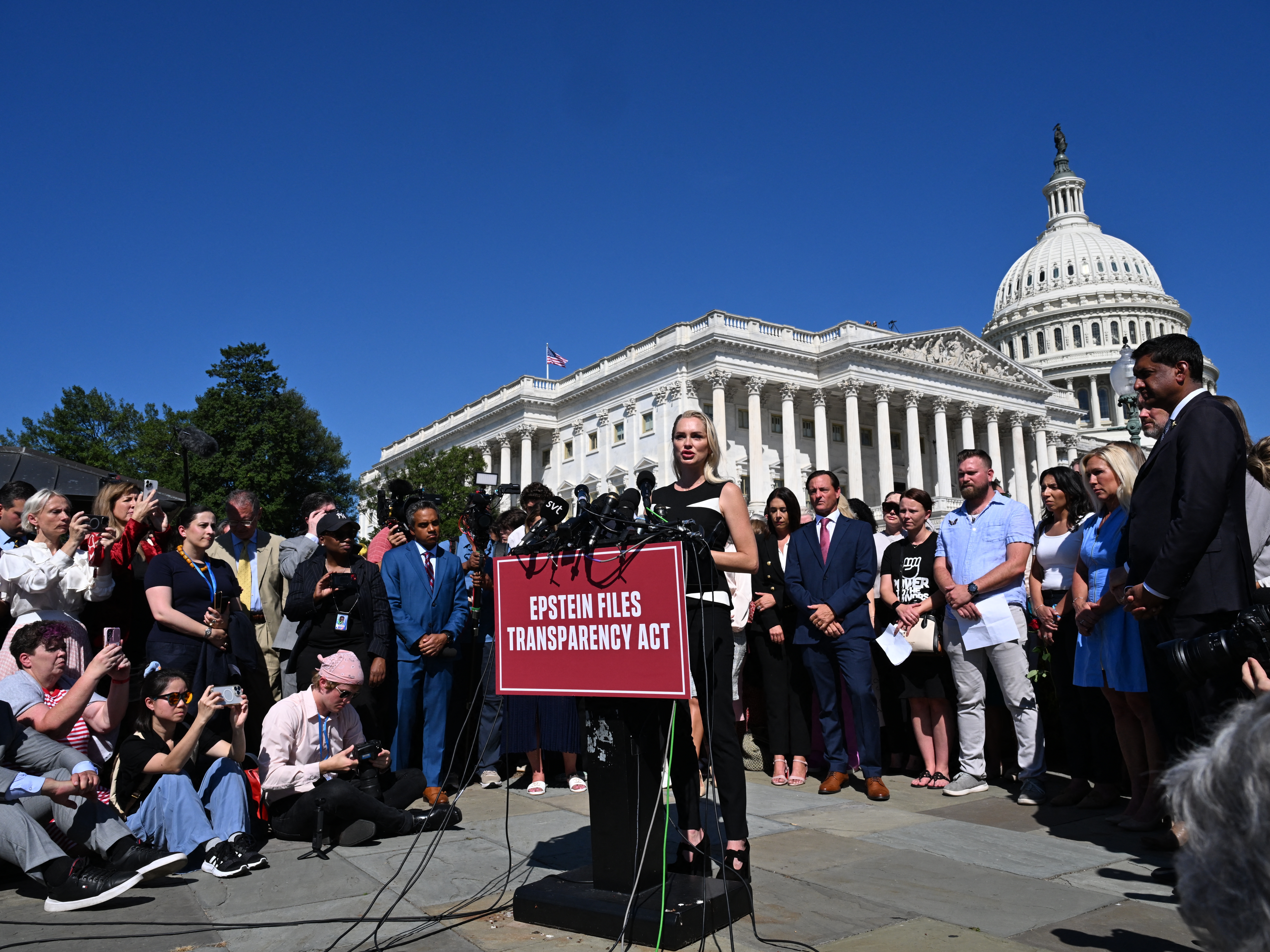 caption: Anouska De Georgiou speaks during a press conference and rally in support of the victims of Jeffrey Epstein and his accomplice Ghislaine Maxwell outside the U.S. Capitol on Wednesday.