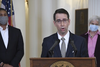 caption: Roy McGrath, chief executive officer of the Maryland Environmental Service, speaks during a news conference at the State House in Annapolis, Md., on April 15, 2020.