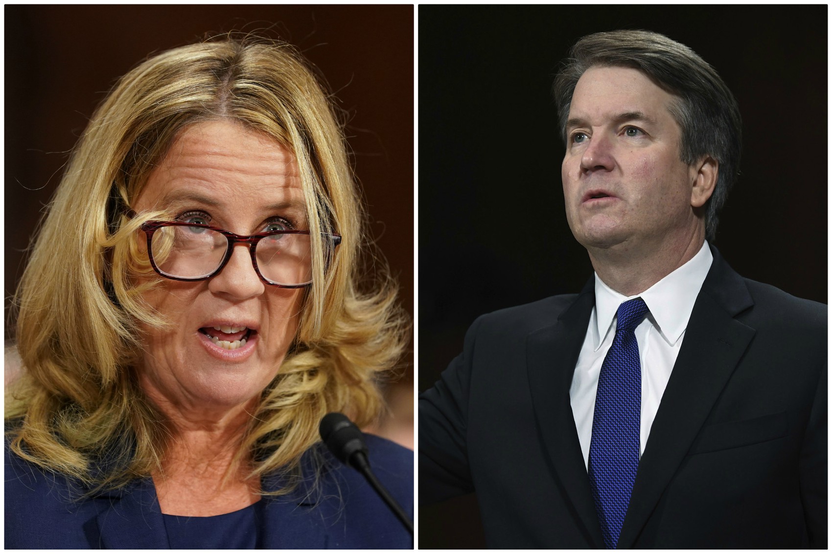 caption: Christine Blasey Ford, left, and Supreme Court nominee Judge Brett Kavanaugh testify before the Senate Judiciary Committee on Capitol Hill in Washington, Thursday, Sept. 27, 2018. (Andrew Harnik/AP and Saul Loeb/Pool Image via AP)