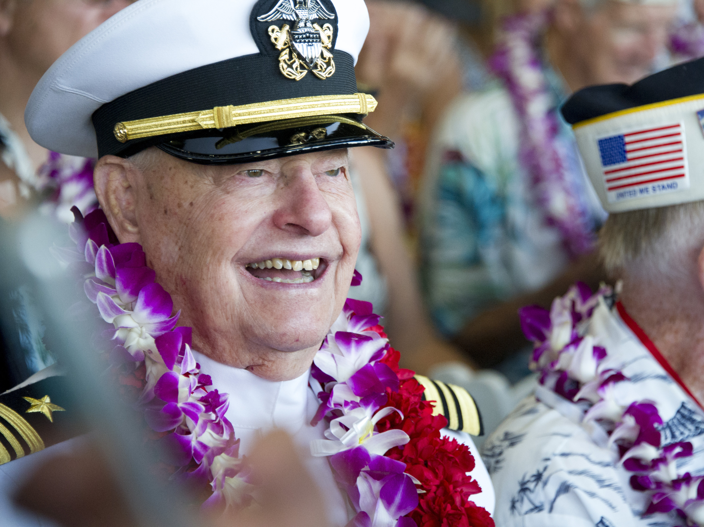 caption: Lou Conter, pictured at the 75th anniversary of the Japanese attack on Pearl Harbor, in 2016, died on Monday. He was the last living survivor of the USS Arizona battleship that exploded and sank during the Japanese bombing of Pearl Harbor.