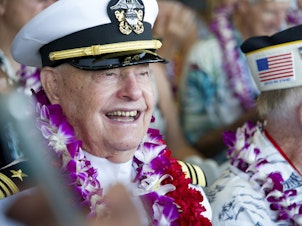 caption: Lou Conter, pictured at the 75th anniversary of the Japanese attack on Pearl Harbor, in 2016, died on Monday. He was the last living survivor of the USS Arizona battleship that exploded and sank during the Japanese bombing of Pearl Harbor.