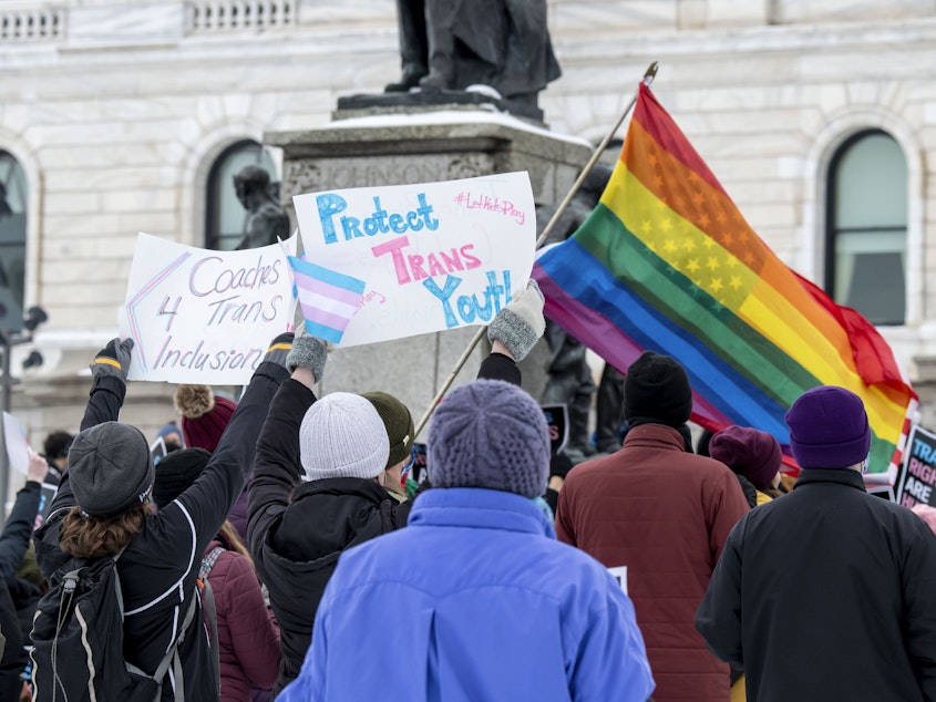 caption: Because attacks against transgender kids are increasing across the country, Minneasotans hold a rally at the capitol to support trans kids.