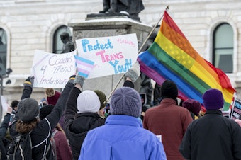 caption: Because attacks against transgender kids are increasing across the country, Minneasotans hold a rally at the capitol to support trans kids.