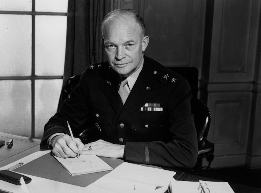 caption: Dwight Eisenhower (1890 - 1969), commander of the American Forces in the European theatre of war, at the time of his promotion, by President Roosevelt,  to Lieutenant General.  (M. McNeill/Fox Photos/Getty Images)