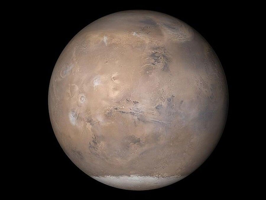 caption: Mars, from composite of photos from three cameras from the Mars Global Surveyor (MGS) Mars Orbiter Camera (MOC) experiment, obtained on May 12, 2003.