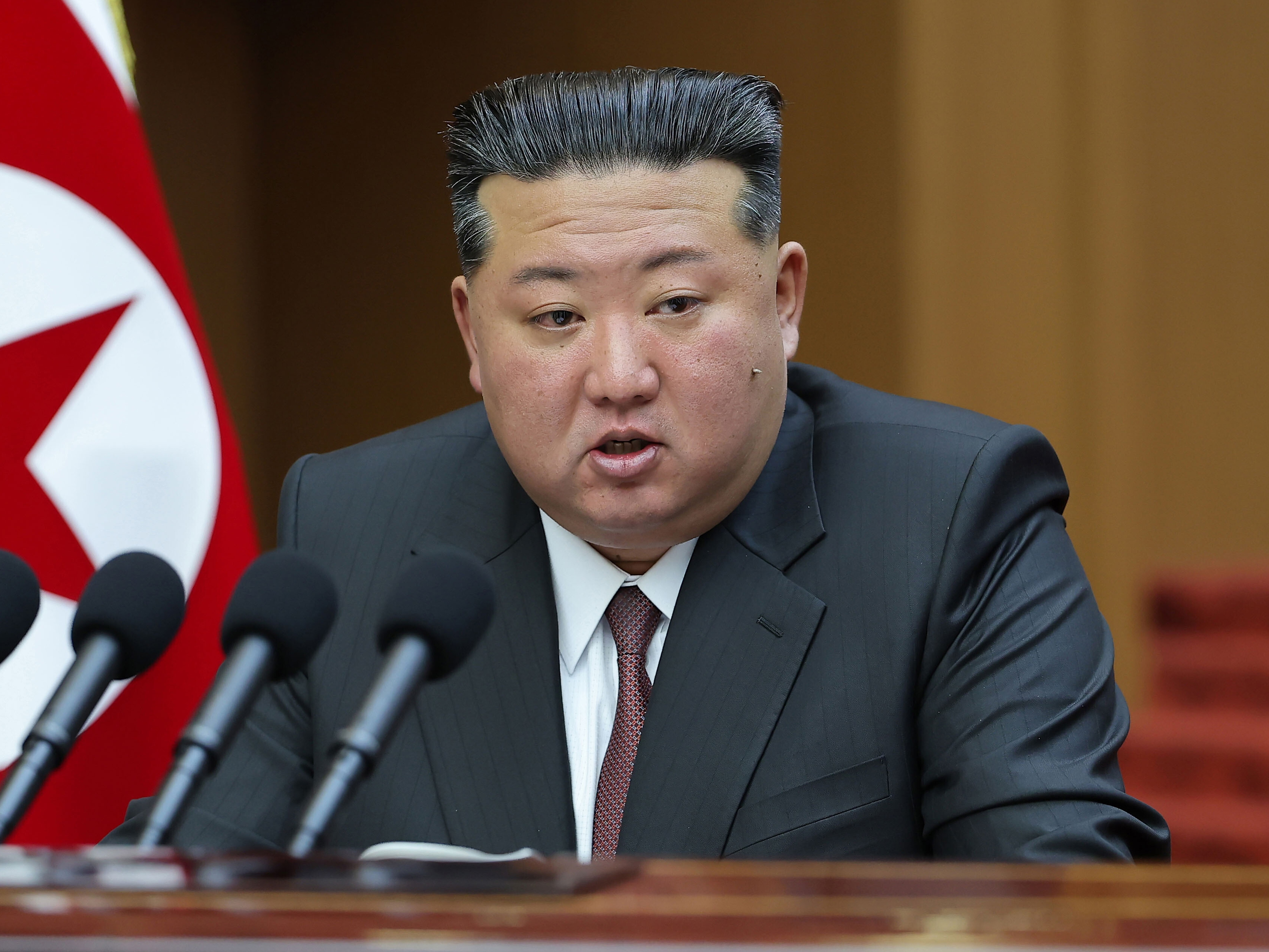 caption: In this photo provided by the North Korean government, its leader Kim Jong Un delivers a speech during a session of the Supreme People's Assembly at parliament in Pyongyang, North Korea Monday, March 23, 2026.
