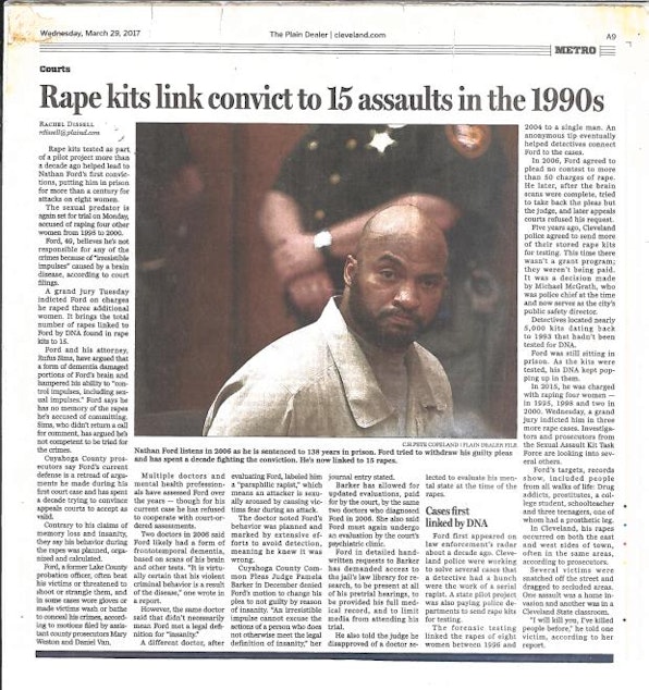 caption: A 2017 article in the Cleveland Plain Dealer on the trial of Nathan Ford, the man who raped Liz Garcia in 2004. Garcia keeps this article with her when she tells her story. 