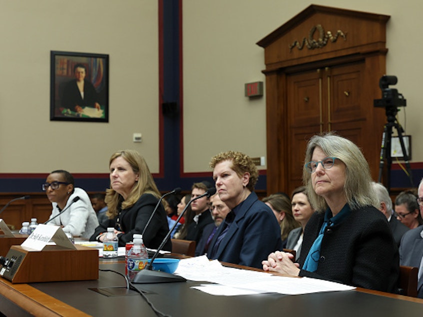 caption: From left, Claudine Gay, president of Harvard University; Liz Magill, president of University of Pennsylvania; Pamela Nadell, professor of history and Jewish studies at American University; and Sally Kornbluth, president of Massachusetts Institute of Technology, testify before the House Education and Workforce Committee on Dec. 5 in Washington, D.C.