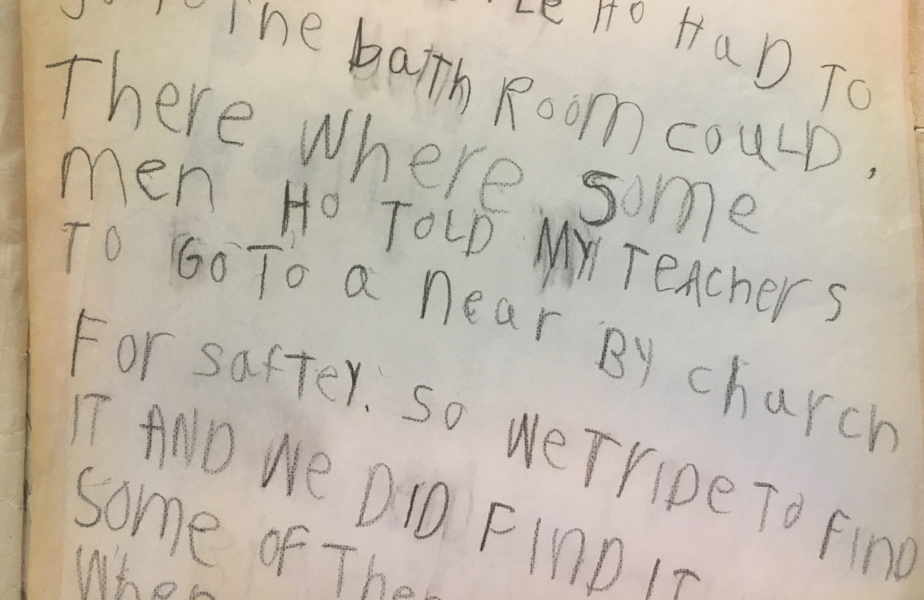 caption: In his first grade journal, Austin Jenkins described reaching Randle, Washington after evacuating Camp Cispus and being directed to a local church to take shelter following the eruption of Mount St. Helens on May 18, 1980.