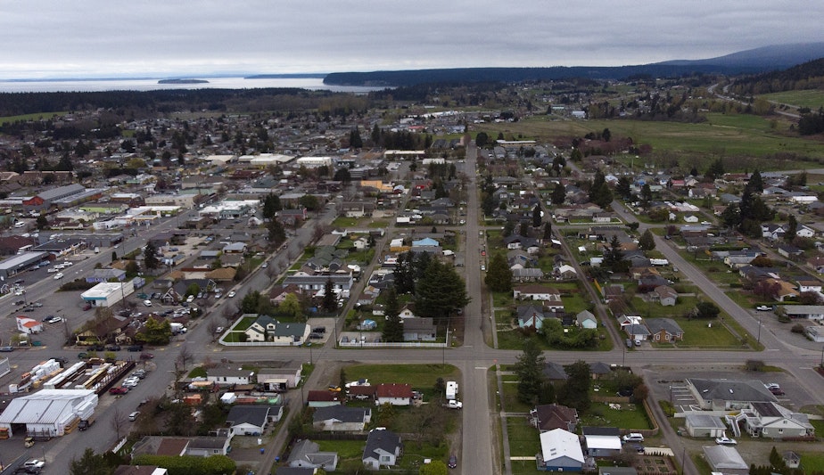 caption: An aerial view of Sequim is shown on Tuesday, April 25, 2023. 