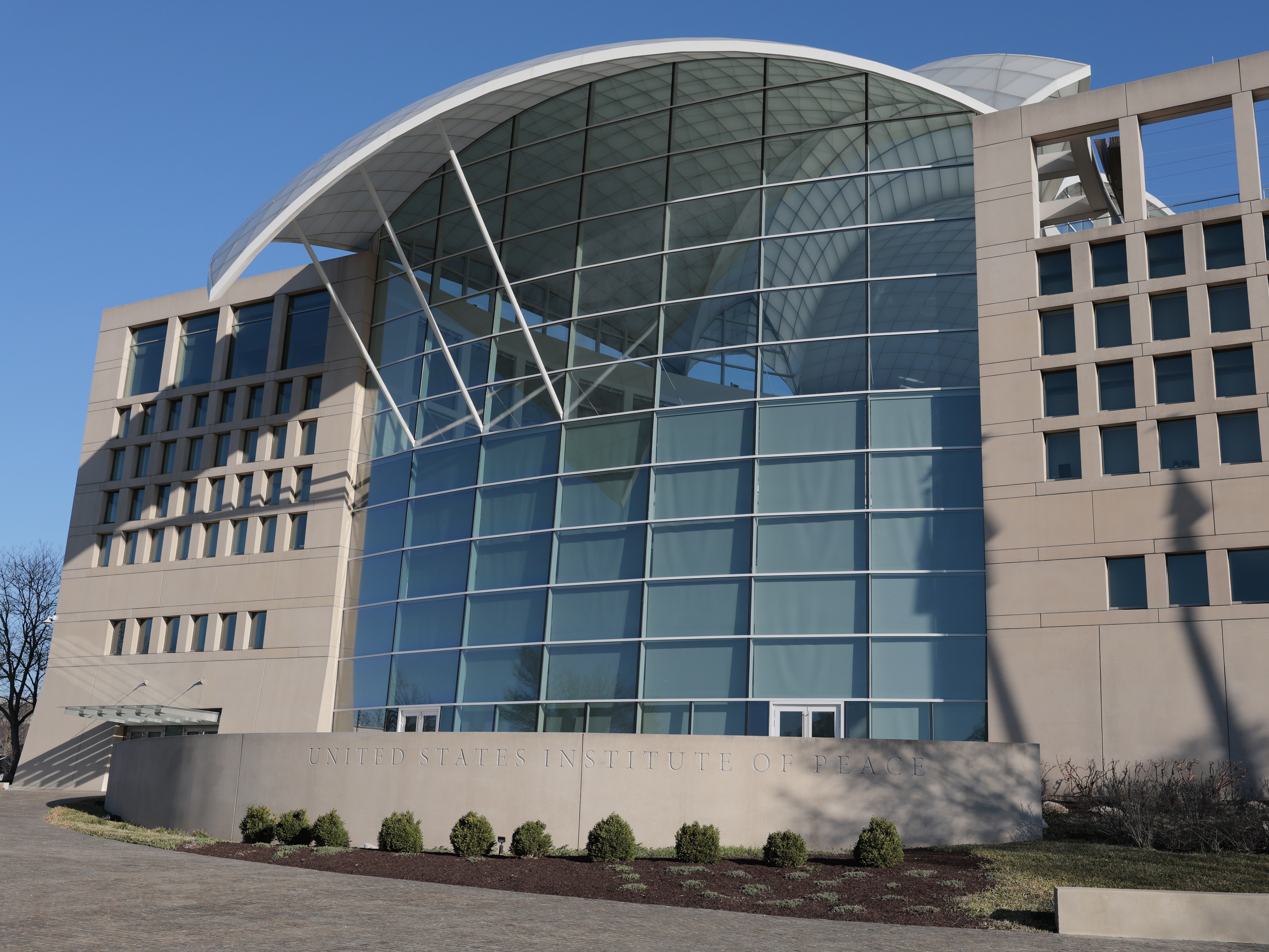 caption: A view of the United States Institute of Peace (USIP) building headquarters on March 18, 2025 in Washington, DC. Trump administration employees entered the building on Monday with the help of law enforcement officials after President Trump ordered the dismantling of the congressionally funded independent nonprofit.