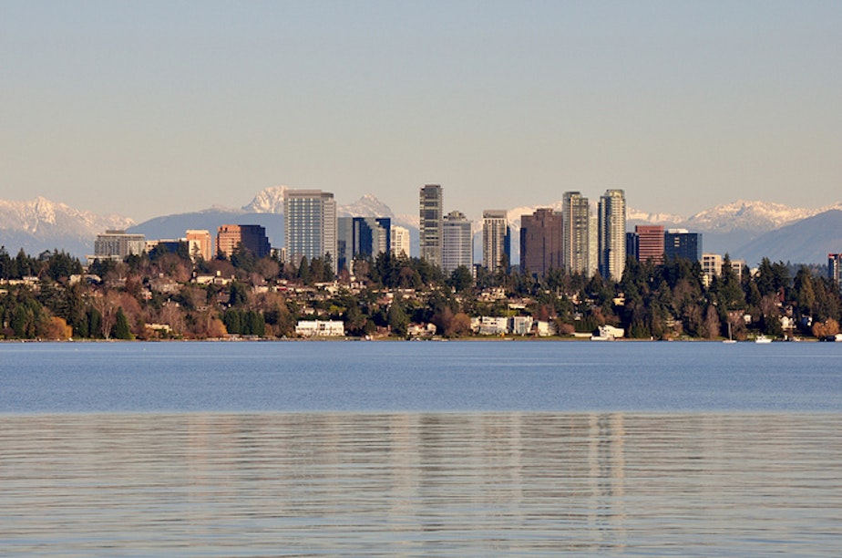 caption: Skyline of Bellevue, Washington, where Amazon is sending its worldwide operations team, which brings you your packages.
