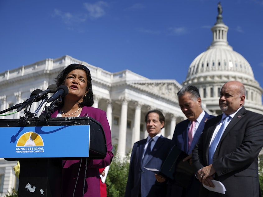 caption: Rep. Pramila Jayapal and fellow members of the House Progressive Caucus hold a news conference ahead of the vote on the Inflation Reduction Act on Aug. 12, 2022.